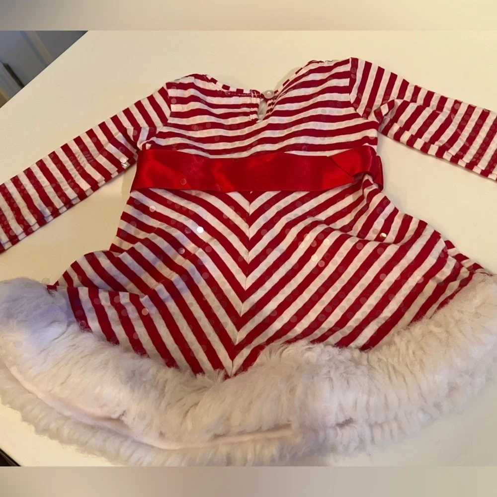 CHRISTMAS BOBBIE BABY DRESS SIZE 18 MONTHS RED/WHITE DIAGONAL STRIPES